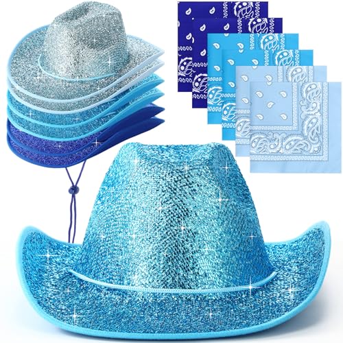 Image of Coume 12 Pcs Sparkly Adults Cowboy Hat and Bandanas Women Men Western Glitter Cowgirl Party Hats with Adjustable Drawstring