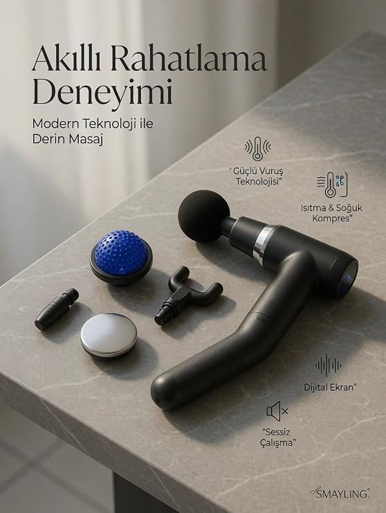SMAYLİNG Uzatmalı Profesyonel Masaj Tabancası – 6 Başlıklı Isıtma & Soğuk Modlu – Type-C Şarjlı, Dijital Göstergeli, 6 Kademeli Derin Doku Masaj Aleti – Sırt, Boyun, Bacak ve Tüm Vücut İçin