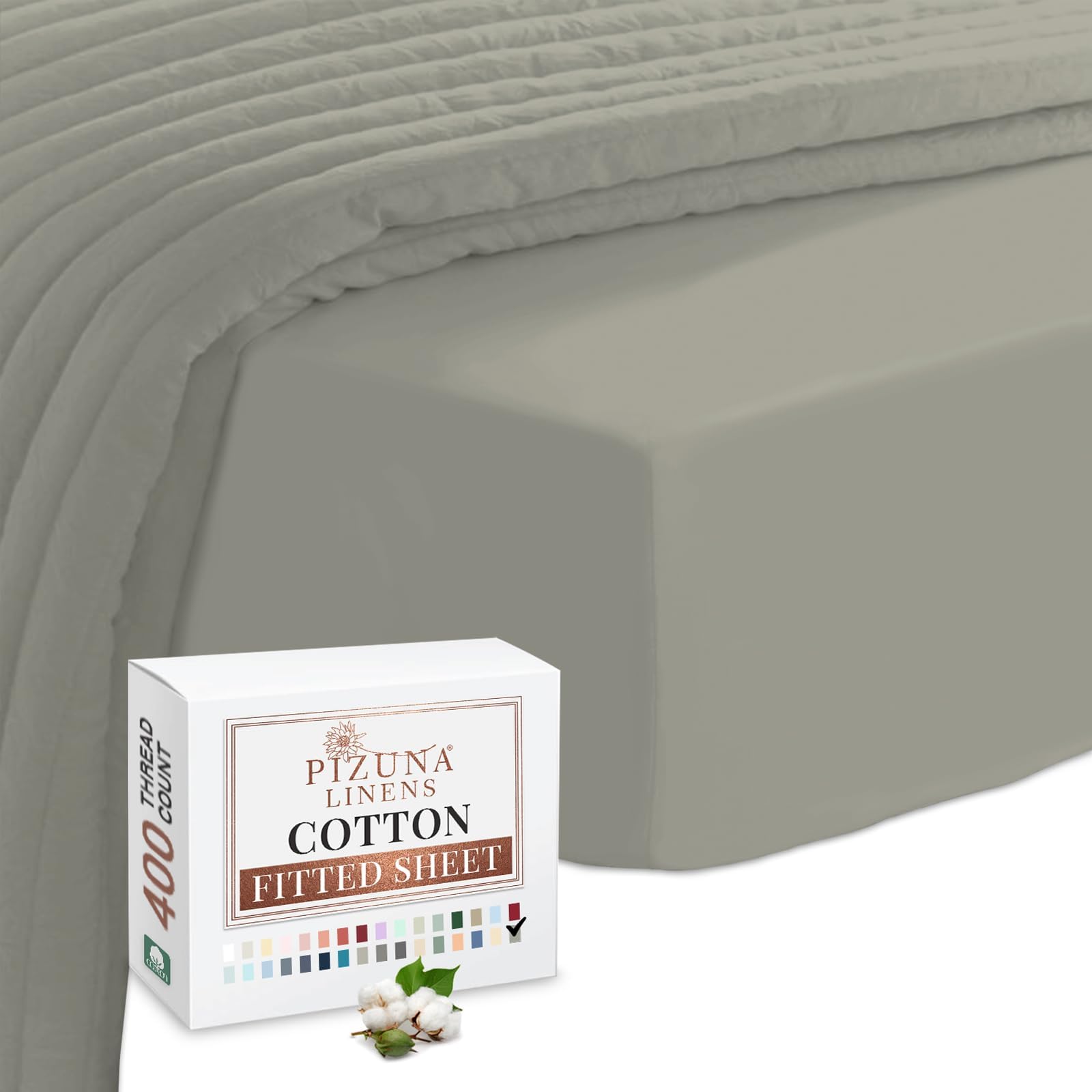 Pizuna Pure 100% Cotton Double Fitted Bed Sheet 140x200 cm Silver, 400 Thread Count Cool Luxury Soft Long Staple Cotton Sateen Weave, 40cm Deep Pocket Bedsheet (Fitted Bed Sheet -1PC)