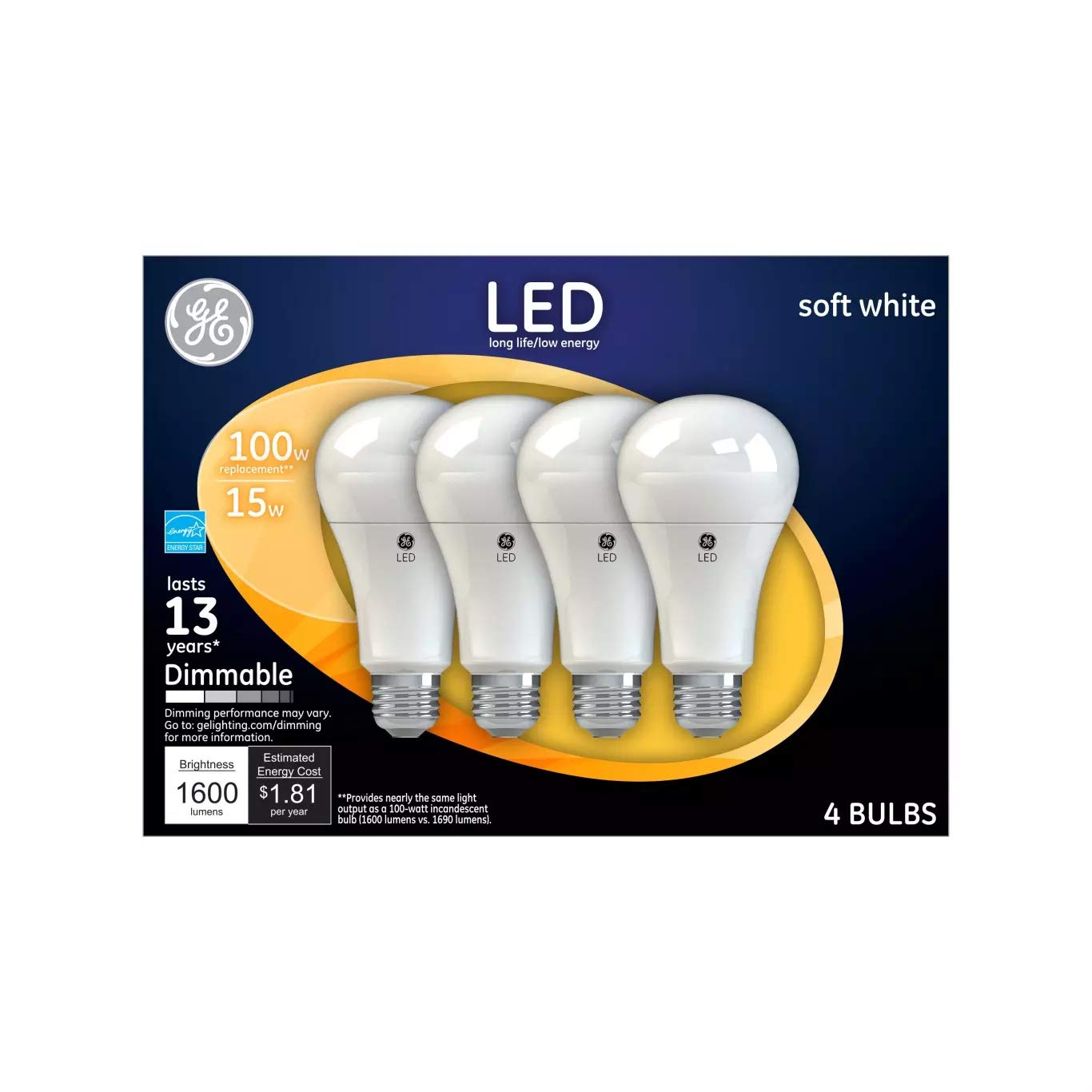 GE Soft White 100W Replacement LED General Purpose Light Bulbs A19 4 Pack