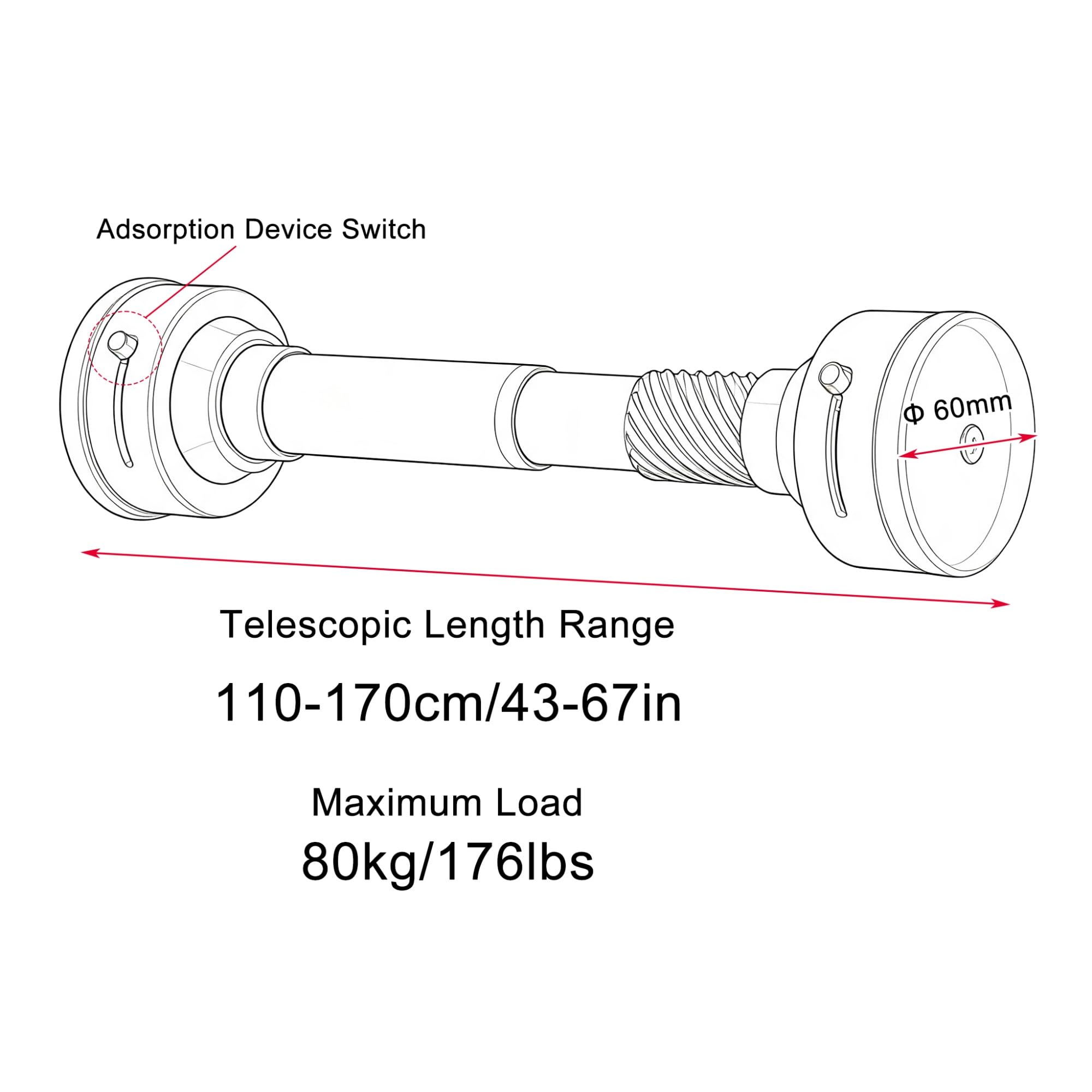 Klemmstange Duschvorhang mit Saugmechanismus 35 bis 220 cm | Gardinenstange Ohne Bohren mit Abnehmbarem Endstück für Bad, Kleiderschrank und Küche(White,110-170cm/43-67in)