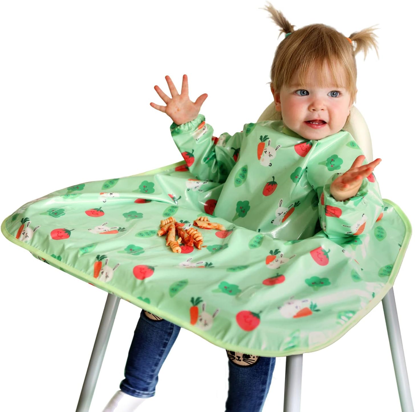 BibettaWipeezee XL Coverall Weaning Bib - Baby Bib with Sleeves - Wipe Clean Coverall Bib for Baby and Highchair Baby Led Weaning Unisex for Babies and Toddlers 6 Months +… (Green - Bunny & Veg)