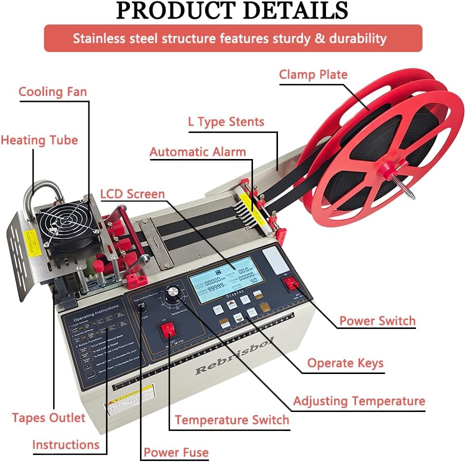 Webbing Cutting Machine 5inch LCD Display, Braided Tape Cutting Machine for Ribbon, Zipper, Nylon Tape