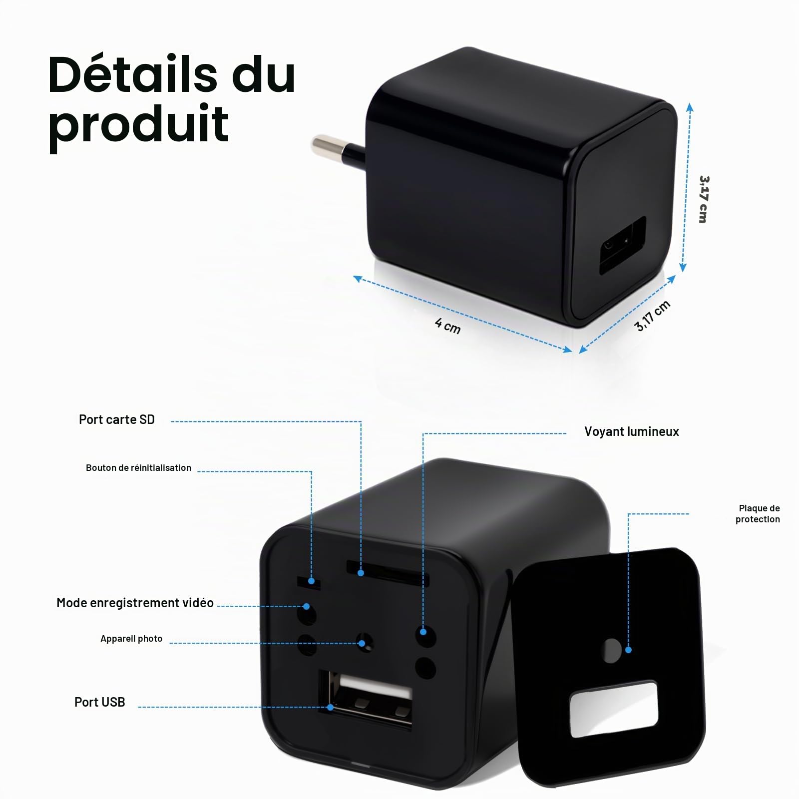 Caméra de Chargeur, Mini Caméras 1080P Nanny Cam Enregistreur Vidéo avec Détecteur de Mouvement - Caméras de Sécurité pour la Maison, le Bureau