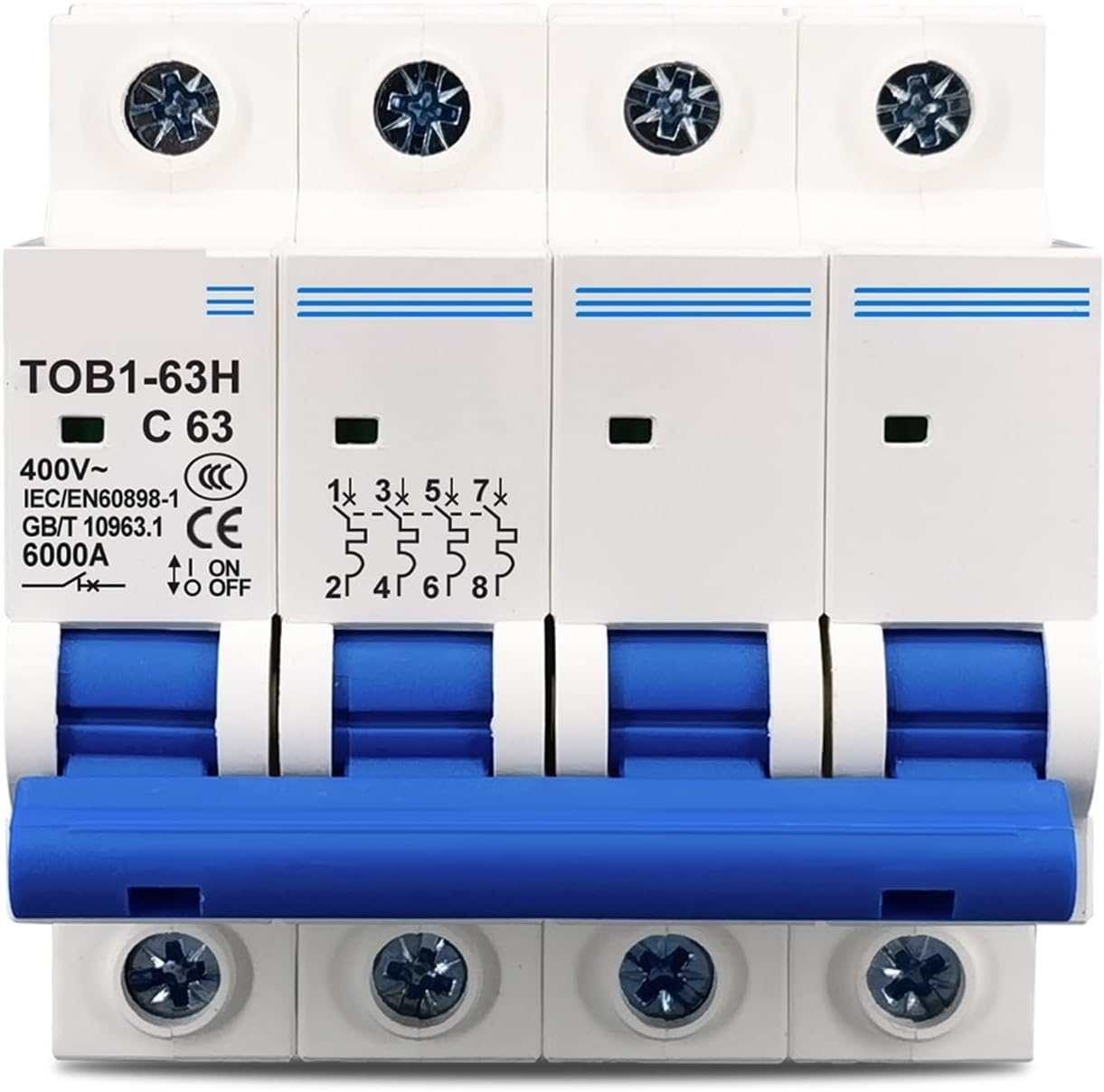 4P AC MCB TOB1-63 C Type 230/400V~ 50HZ/60HZ Mini Circuit Breaker 3A 6A 10A 16A 20A 25A 32A 40A 50A 63A 1Pcs(4P 16A)