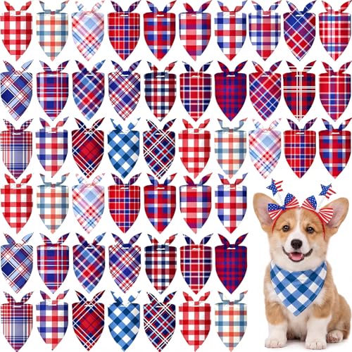 Image of Abbylike 50 Pcs Veterans Day Dog Bandanas Bulk, Red White and Blue Plaid