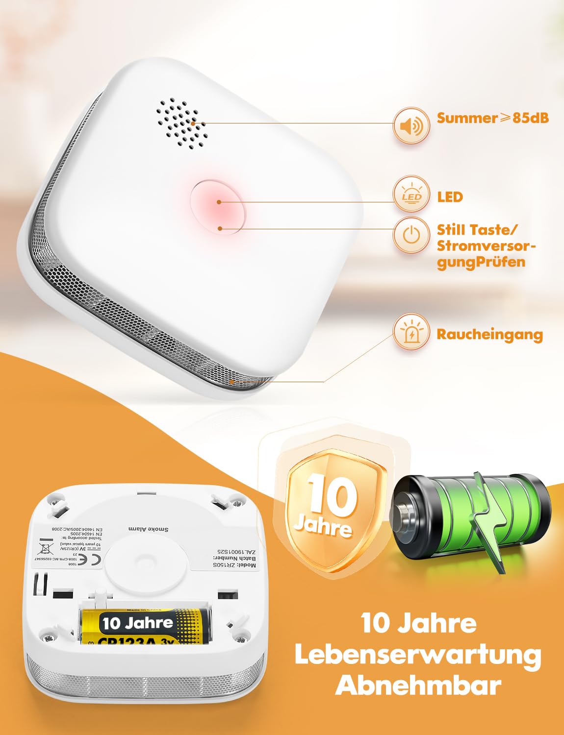 Rauchmelder 10 Jahre Batterie für Zuhause,Mini Rauchmelder Batterie Austauschbar,Feuermelder mit Fotoelektrischem Sensor,Test-/Stummschalttaste,Entsprechend EN14604,Standalone,Weiß Matter