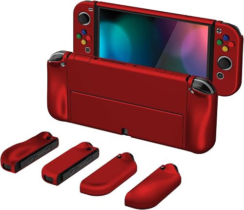 PlayVital AlterGrips Protective Slim Case for Nintendo Switch OLED, Ergonomic Grip Cover for Joycon, Dockable Hard Shell for Switch OLED w/Thumb Grip Caps & Button Caps, Scarlet Red