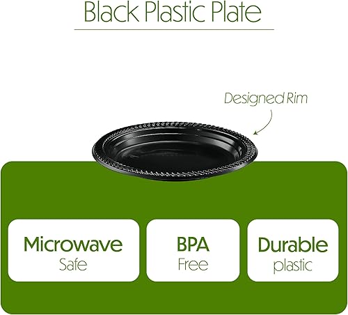 Miniatura 6 de PLASTICPRO 200 PIEZAS Platos de Plástico Negros Ligeros de 7 Pulgadas Platos de Plástico para Cena, Postre y Aperitivo Platos Negros Desechables