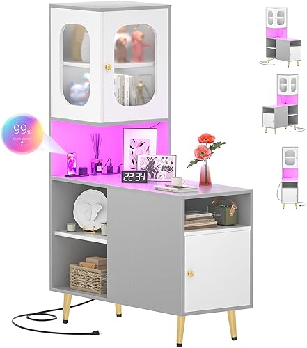 Cyclysio Armario esquinero con luces LED, armario de almacenamiento reversible con tomas de corriente, armario de almacenamiento esquinero con