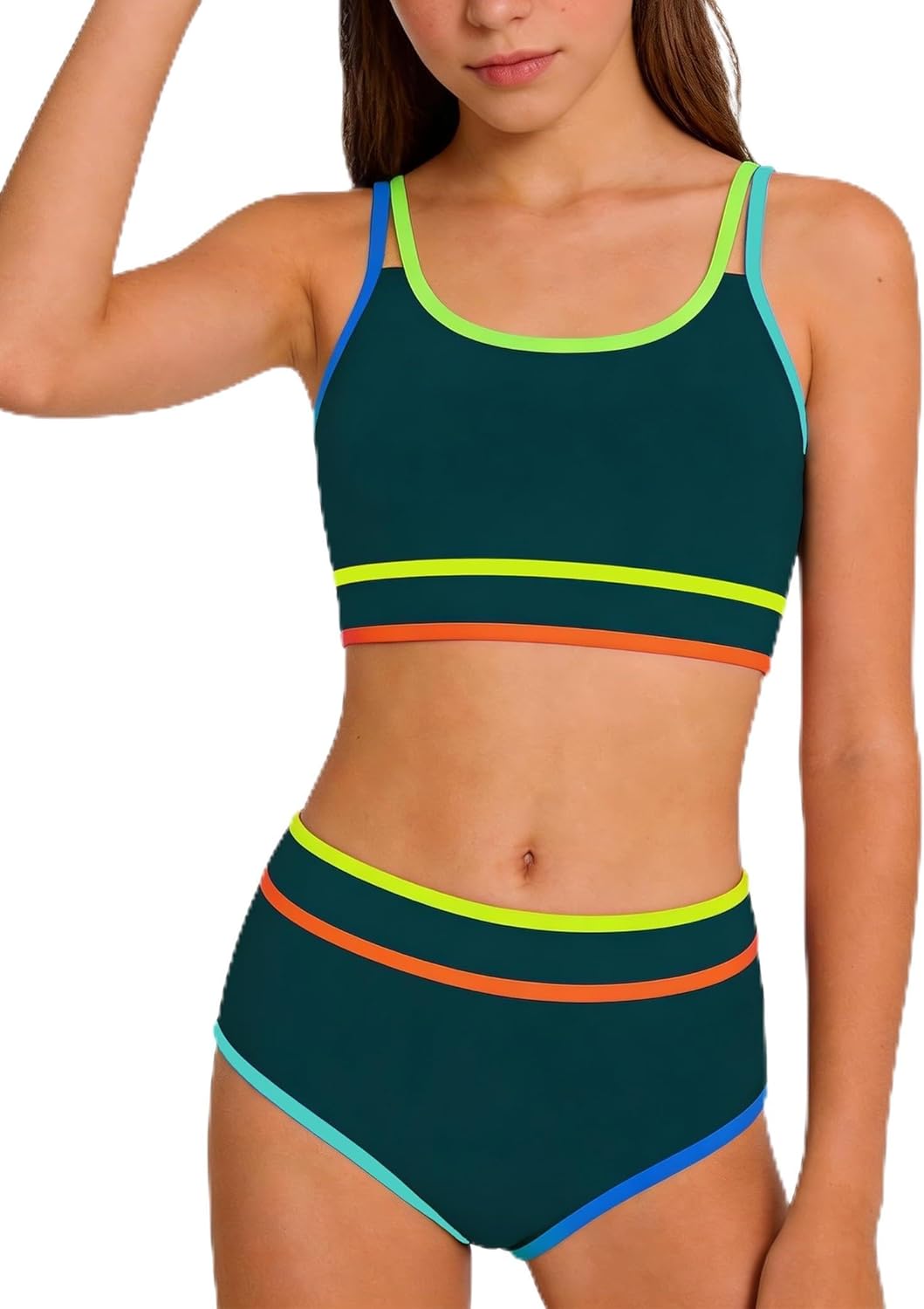 Teen Girls Swimsuit Color Block Sporty Bikini Sets with Cover Up Skirt 3 Piece Bathing Suit Size 7-16 Years