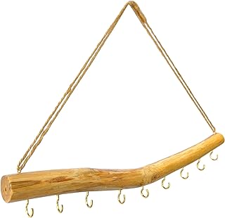 15.7-Inch Rustic Wood Wall Hanging Jewelry Organizer (Small Branch with 9 Metal Hooks)