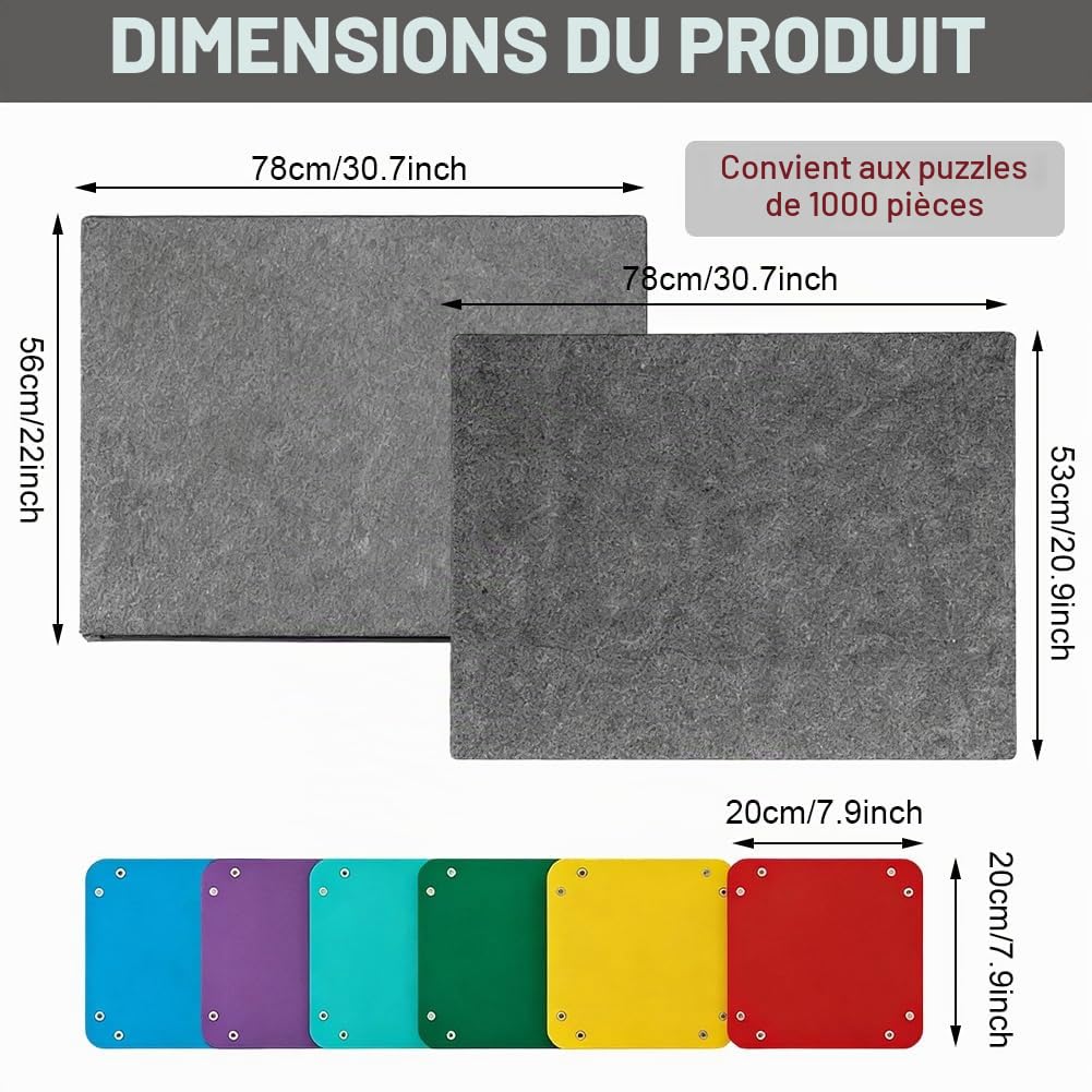 Planche à puzzle et table de puzzle 1000 pièces – Planche à puzzle inclinable avec 6 compartiments de tri colorés, support et couvercle 2 en 1, plateau de tapis de puzzle léger en feutre