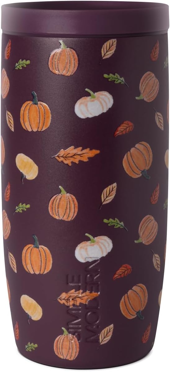 Simple Modern Halloween Signature Voyager | 16oz Travel Coffee Mug Tumbler with 360° Lid | Gifts for Women Men | Ceramic-Lined Insulated Stainless Steel Cold Brew Iced Coffee Cup | Pumpkin & Leaves