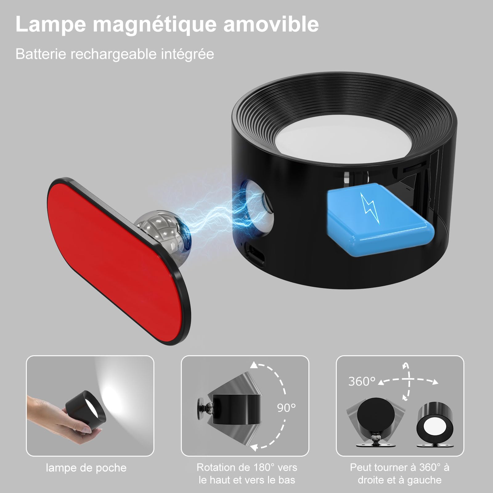Applique Murale LED Touch avec Port USB, 3 Niveaux de Luminosité 3 Températures, Rotatif 360° Noir