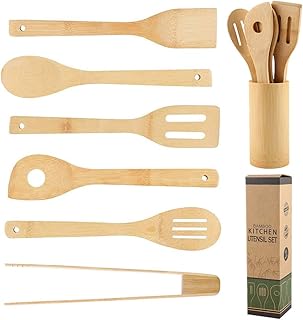 IWILCS 7PCS Ustensiles de Cuisine en Bambou, Ensemble dustensiles en Bambou, Cuillères à Spatules en Bois pour la Cuisine pour Les Poêles et Casseroles Antiadhésives