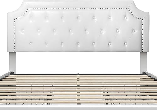 Miniatura 28 de BONSOIR Base de cama tapizada de tamaño matrimonial con plataforma tradicional tapizada de perfil bajo con cabecera copetuda y clavos, no necesita