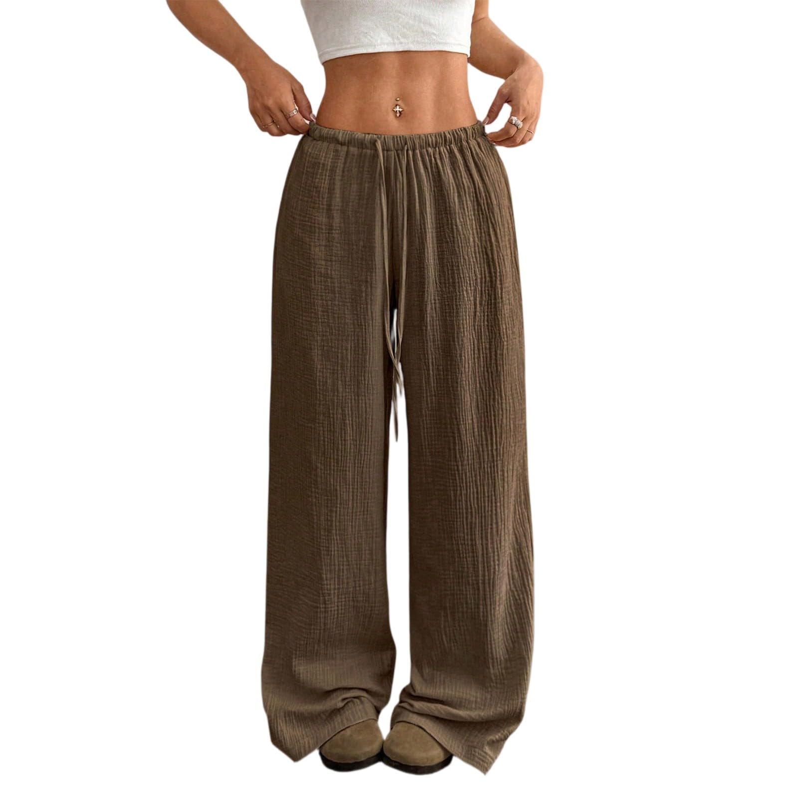 FQZWONG Womens Casual Wide Leg Pants Wide Leg High Waisted Palazzo Pants Casual Loose Drawstring Trousers with Pockets