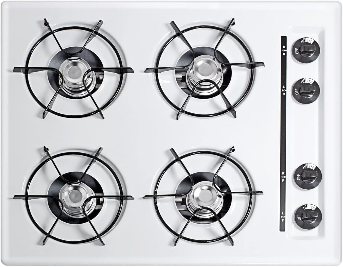 Summit 24" 4-Burner Gas Cooktop, Open Burners, Electric Ignition, 115V-3 Gas Cooktop, Made in the USA, White- WNL033