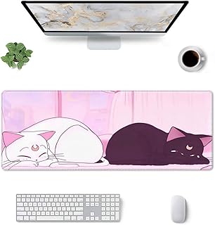 Anime Kawaii Gaming Mouse Pad Cute White Cat Black Cat Large Desk Office Decor Exclusive Beautiful Girls Mouse Pad for Women Mouse Mat Desk Pad 31.5x11.8in Non-Slip Rubber Base with Stitched Edges