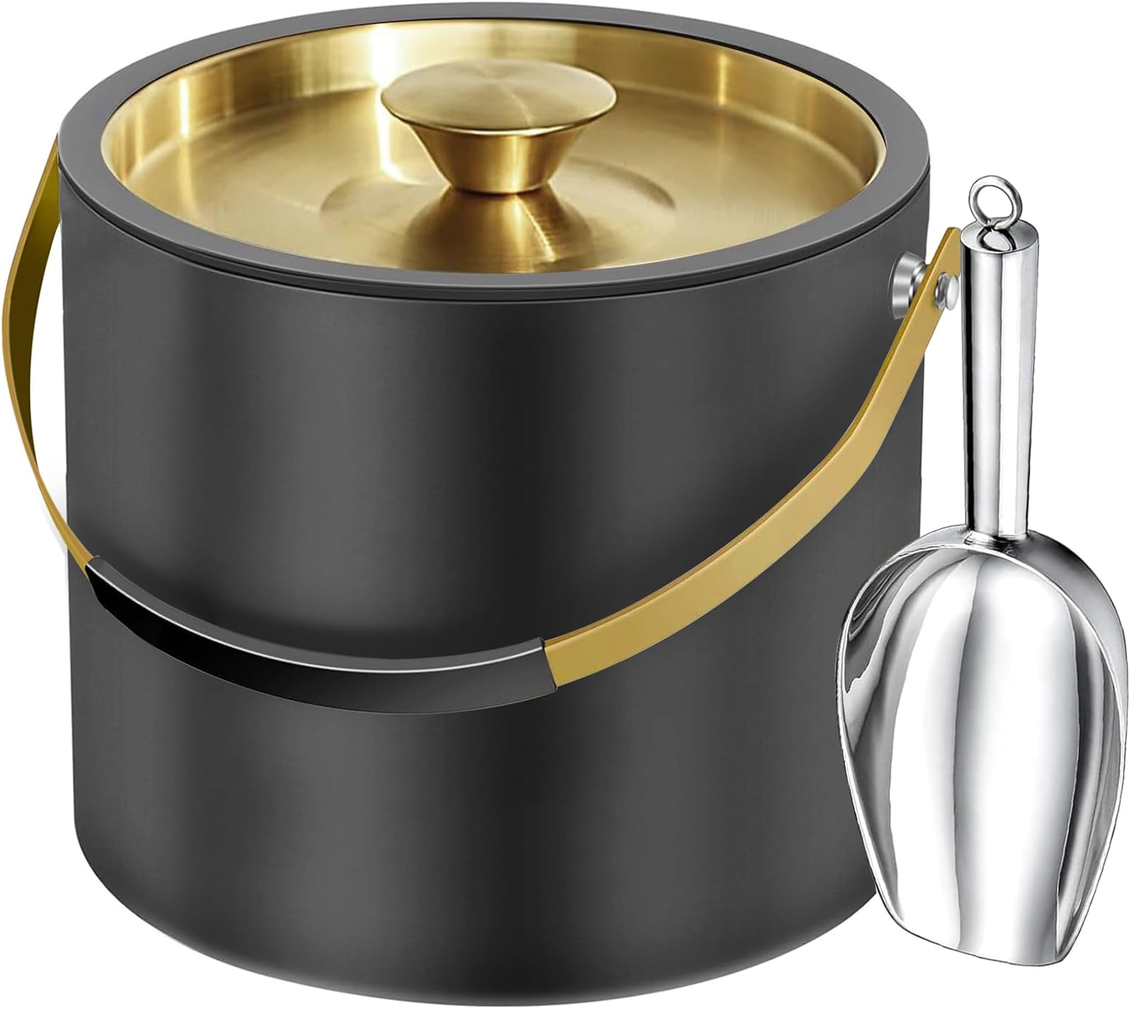 3.2L Modern Insulated Ice Bucket with Silicone Lid, Scoop, Strainer, Double Wall Stainless Steel Ice Bucket for Parties & Cocktail Bar,Ideal for Gift(Black)