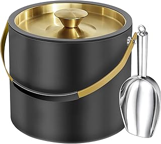 3.2L Moderner isolierter Eiskübel mit Silikondeckel, Schaufel, Sieb, doppelwandiger Eiskübel aus Edelstahl für Partys & Cocktailbar, ideal als Geschenk(Schwarz)
