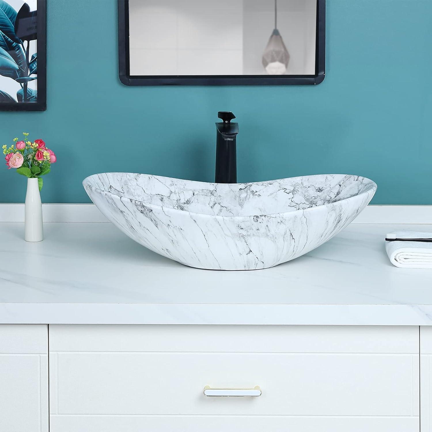 Davivy 24.5'' X 13.8'' Large Nordic Marbling Oval Vessel Sink with Pop
