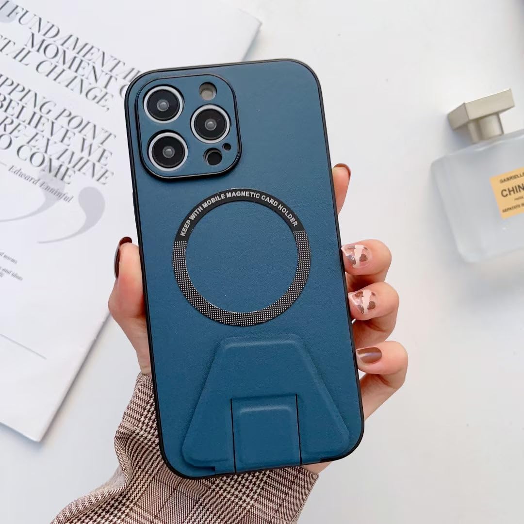 LEEKA Wireless Charging Mobile Phone Leather Case For iPhone 14 Plus 13 Mini 12 11 Pro Max XS XR Buckle Ring Stand Back Cover apple iPhone 13 Pro Max (Blue)