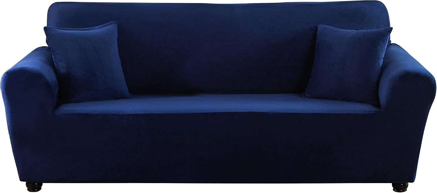 Travan Stretch Sofa Cover Velvet Plush Couch Cover Sofa Slipcovers Luxury Thick Velvet Furniture Protector for 3 Cushion Couch with Two Free Pillow Covers (Large, Navy