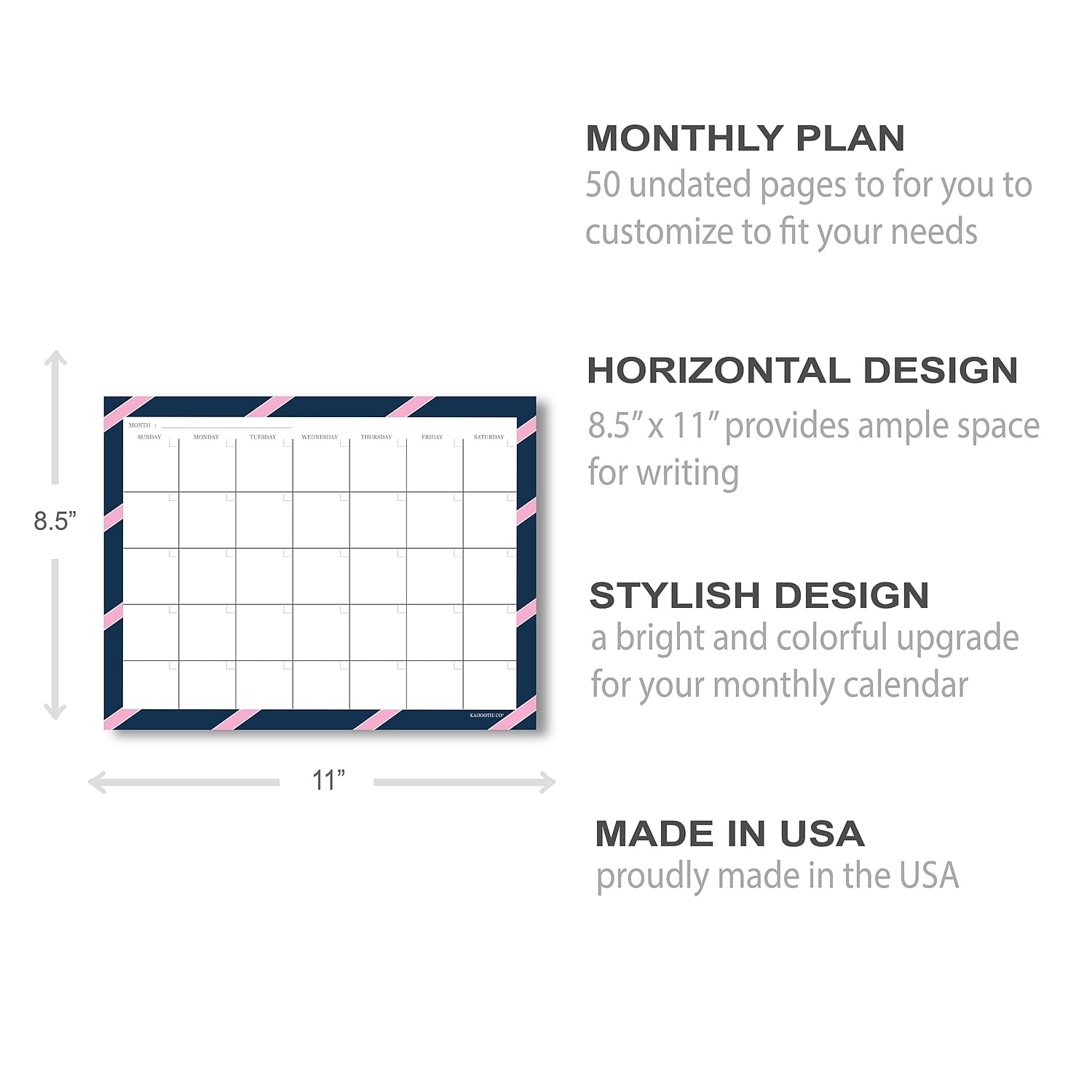 Monthly Calendar Notepad- 50 Undated Calendar Pages Customizable to Fit Your Organizational Needs, Large 8.5"x 11", Navy and Pink Stripe - Image 3