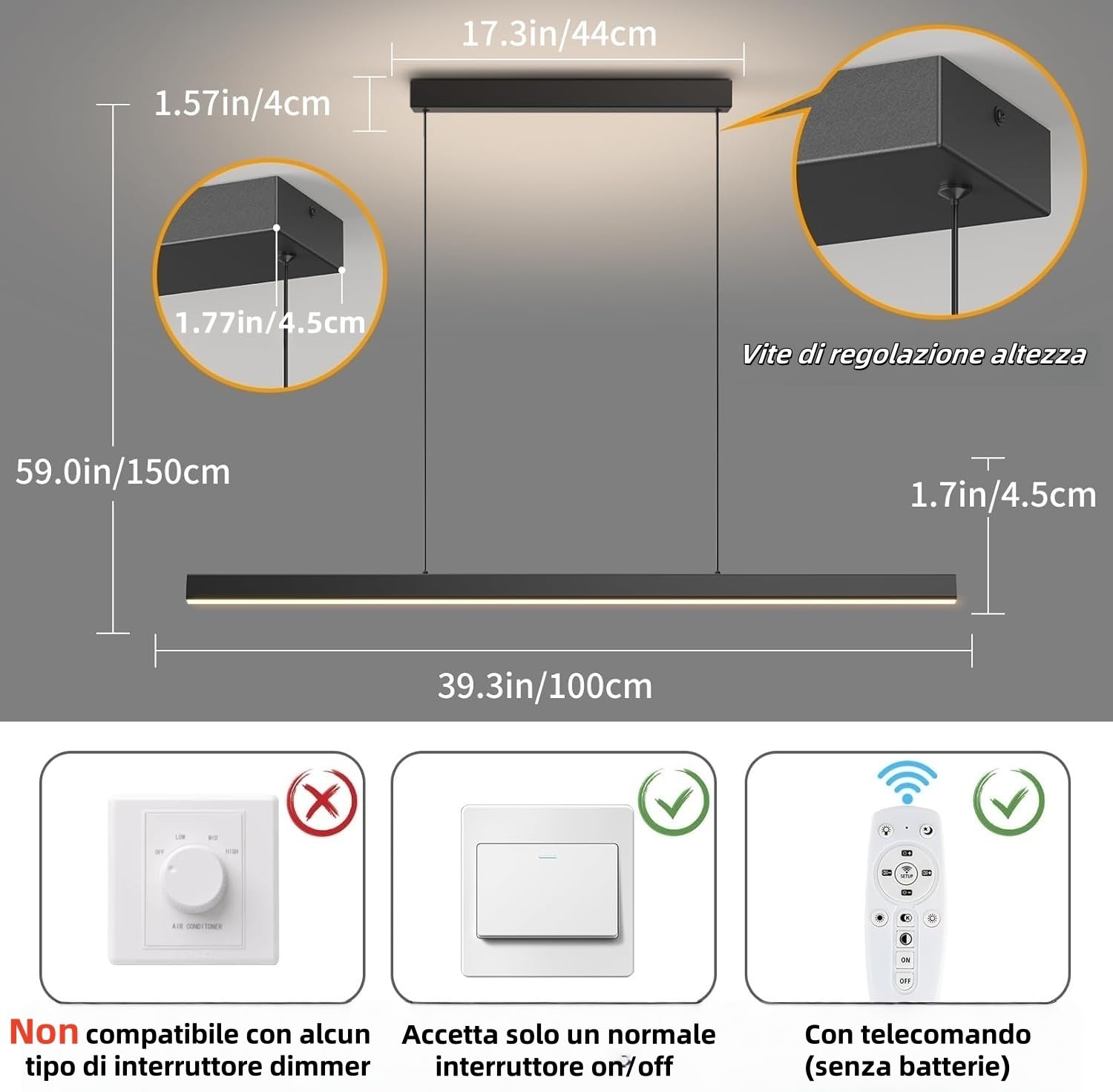 Lampadari Moderni Led, 3000K/4500K/6500K 10%–100% Temperatura Colore Lineare Lampadari Cucina, Dimmabile Con Telecomando Lampadario Per Cucina, Soggiorno, Camera Da Pranzo, Camera Da Letto Nero 100CM