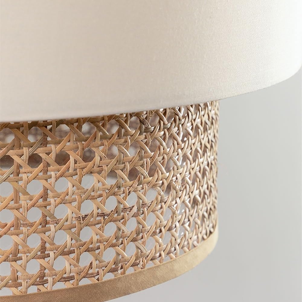 Natural Pendant Light, Rattan Fabric 3 Tier Drum Shade, Handwoven Hanging Lamp with Adjustable Cord, 19.7", Farmhouse Ceiling Chandelier for Living Room Dining Room Bedroom Parlour(Large)