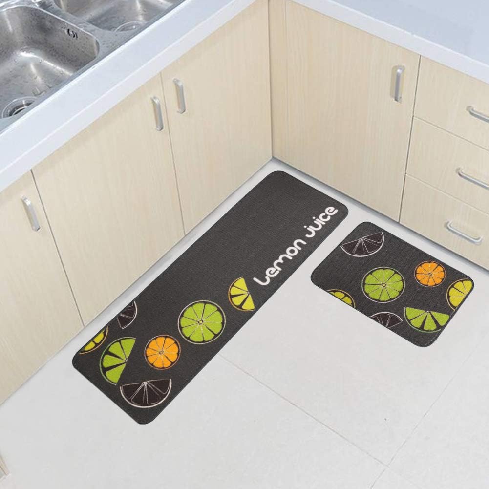 Outamateur Kitchen Rugs Set of 2, Kitchen Runner Rugs Soft Kitchen Mat Runner Carpet Set Bath Rug Doormat, Non-Slip Durable and Spill Resistant 16โx24โ+16โx47โ (Lemon Pattern Grey)
