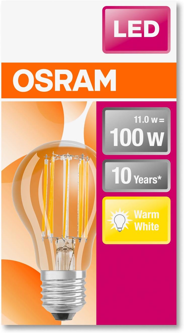Amazing 🔥 OSRAM LED lamp/Base: E27 / Warm White / 2700 K / 11 W/Replacement for 100 W Incandescent Bulb/Clear/LED Retrofit Classic A [Energy Efficiency Class A++] / Pack of 10