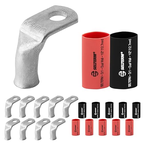 Miniatura 490 de SELTERM - Terminal en anillo de grado marino UL 2/0 AWG 3/8 pulgadas (25 uds) para batería, terminal tubular de cable eléctrico, conector calibre