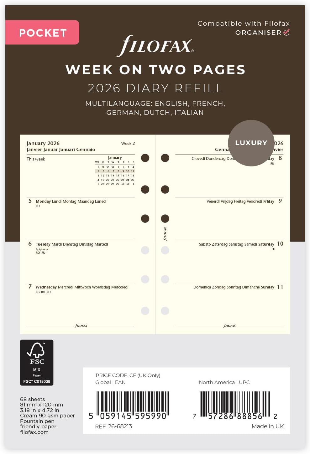 Filofax Pocket week on two cotton cream 5 language 2026 diary 26-68213