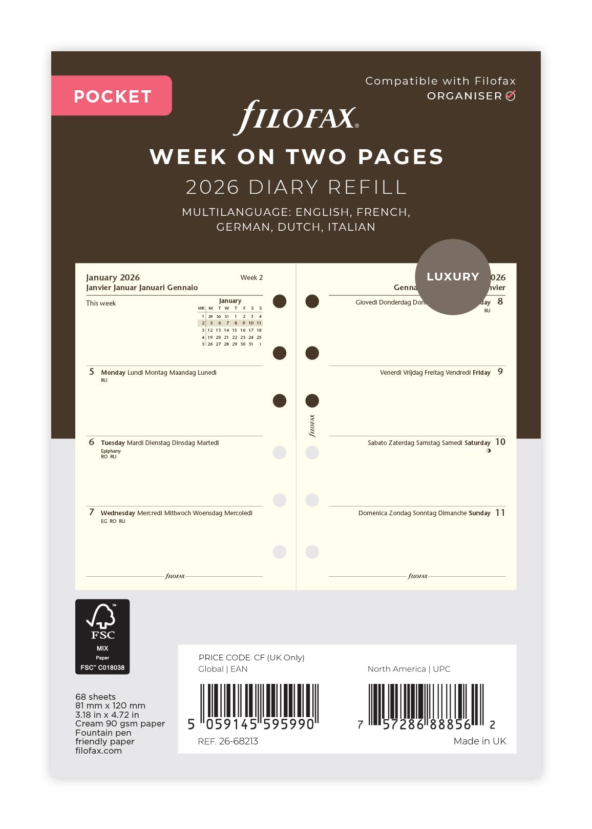 Filofax Pocket week on two cotton cream 5 language 2026 diary 26-68213