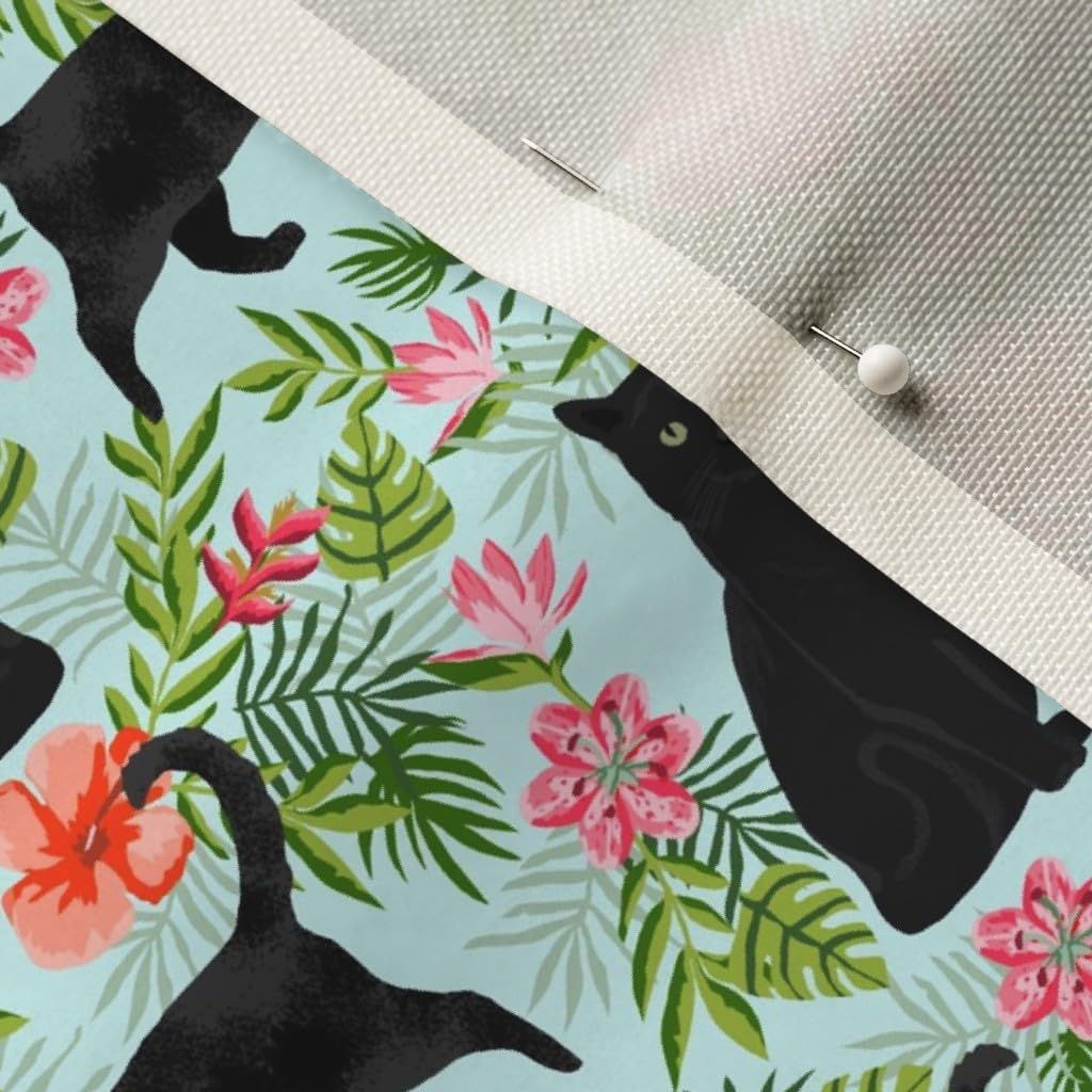 Spoonflower Fabric - Black Cat Tropical Palms Summer Hawaiian Print Light Blue Cats Hawaii Printed on Upholstery Velvet Fabric by The Yard - Upholstery Home Decor Bottomweight Apparel