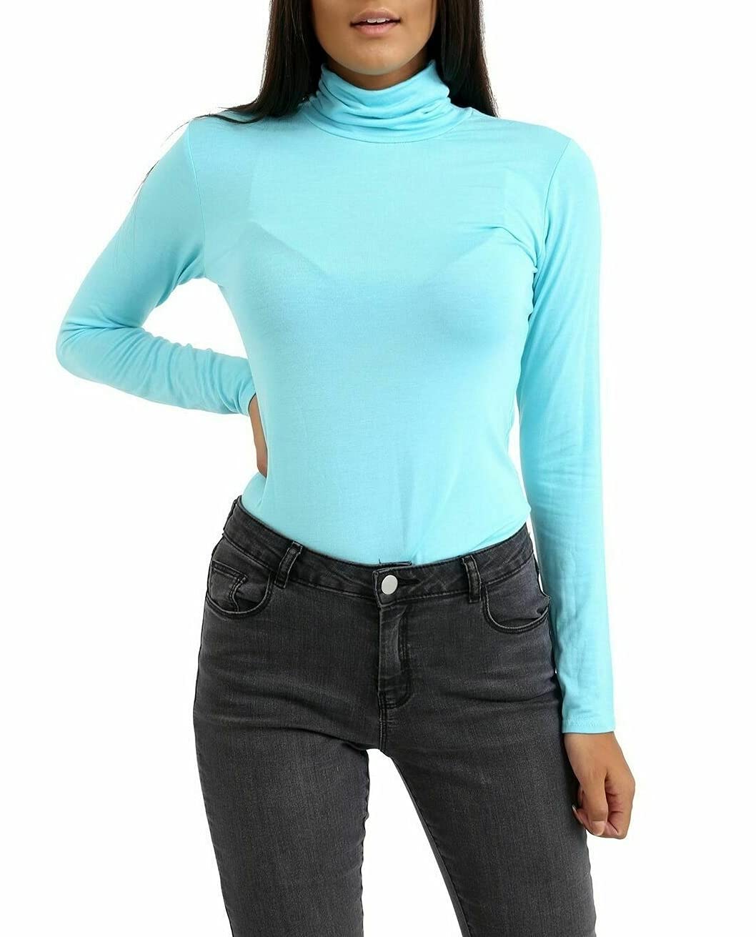 Ladies Women Basic Long Sleeve Plain Polo Turtle Neck Ladies Stretch Plus Size Top T Shirt (Mint, SM)