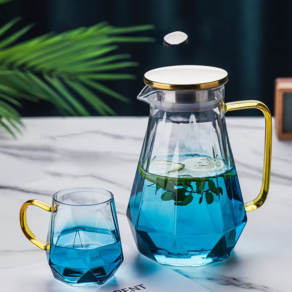 With Lid And Handle Cold Water Pitcher High Temperature Resistant Glass Carafe Pitcher Creative Lemonade Pitcher Unique Beverage Pitcher For Cold Water Beverage Sangria Juice Tea-F 1500ml+350mlx2pcs