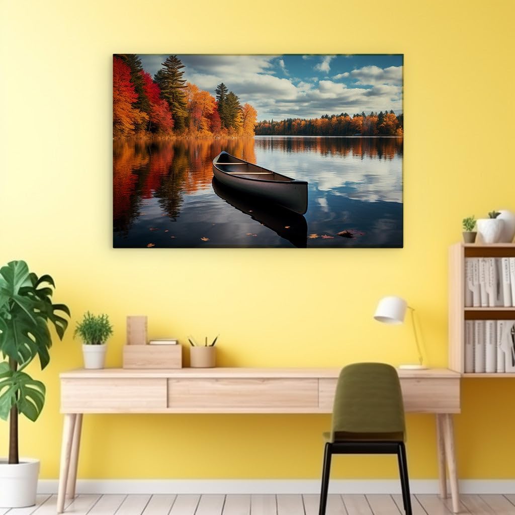 Canvas for Living room. Autumn Serenity: A Black Canoe's Gentle Journey Across a Mirror Lake, 27 x 18 inch Canvas Wall Art - Contemporary Masterpieces - Modern Home Decor