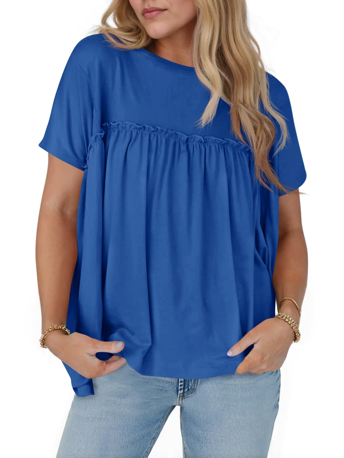 Cicy Bell Babydoll estivo da donna top plissettato manica corta girocollo camicetta peplo casual vestibilità ampia t-shirt
