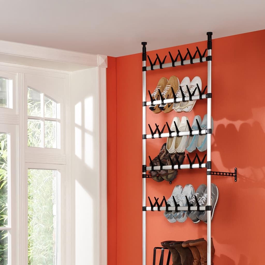 Teleskop-Schuhregal deckenhoch aus Aluminium, Schuhständer höhenverstellbar 250-300 cm, Schuhaufbewahrung für 30 Paar Schuhe und 6 Paar Stiefel, Platzsparendes Ordnungssystem, Silber