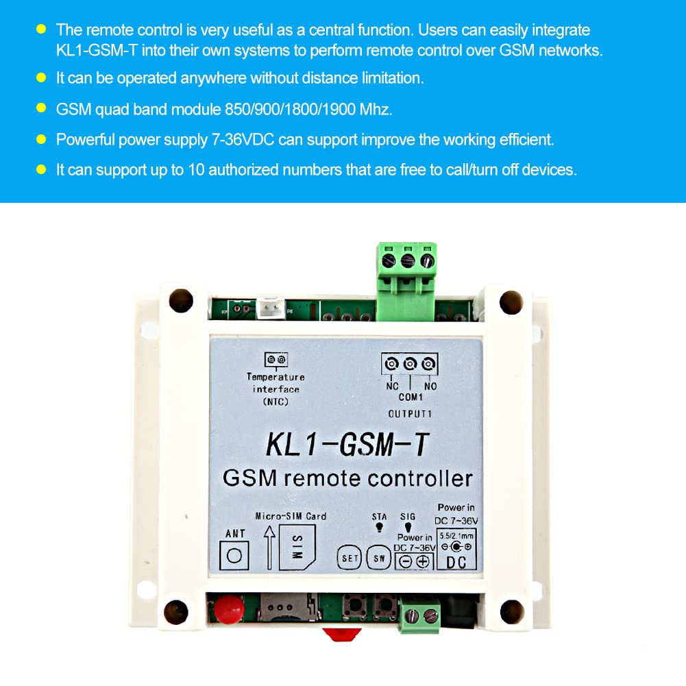 The KL1-GSM-T GSM Temperature Control Sensor is a remote temperature controller suitable for 7-36VDC power supplies. It features 6 automatic temperature control functions and is ideal for industr