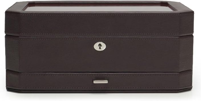 WOLF Windsor 10-Piece Watch Box with Drawer, Brown/Orange - Features 10 Watch Compartments, Eight Ring Rolls & 17 Jewelry Compartments - Vegan Leather Exterior