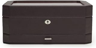 WOLF Windsor Uhrenbox mit Schublade – verfügt über 10 Uhrenfächer, acht Ringrollen und 17 Schmuckfächer – Außenseite aus veganem Leder, braun/orange, Luxuriös