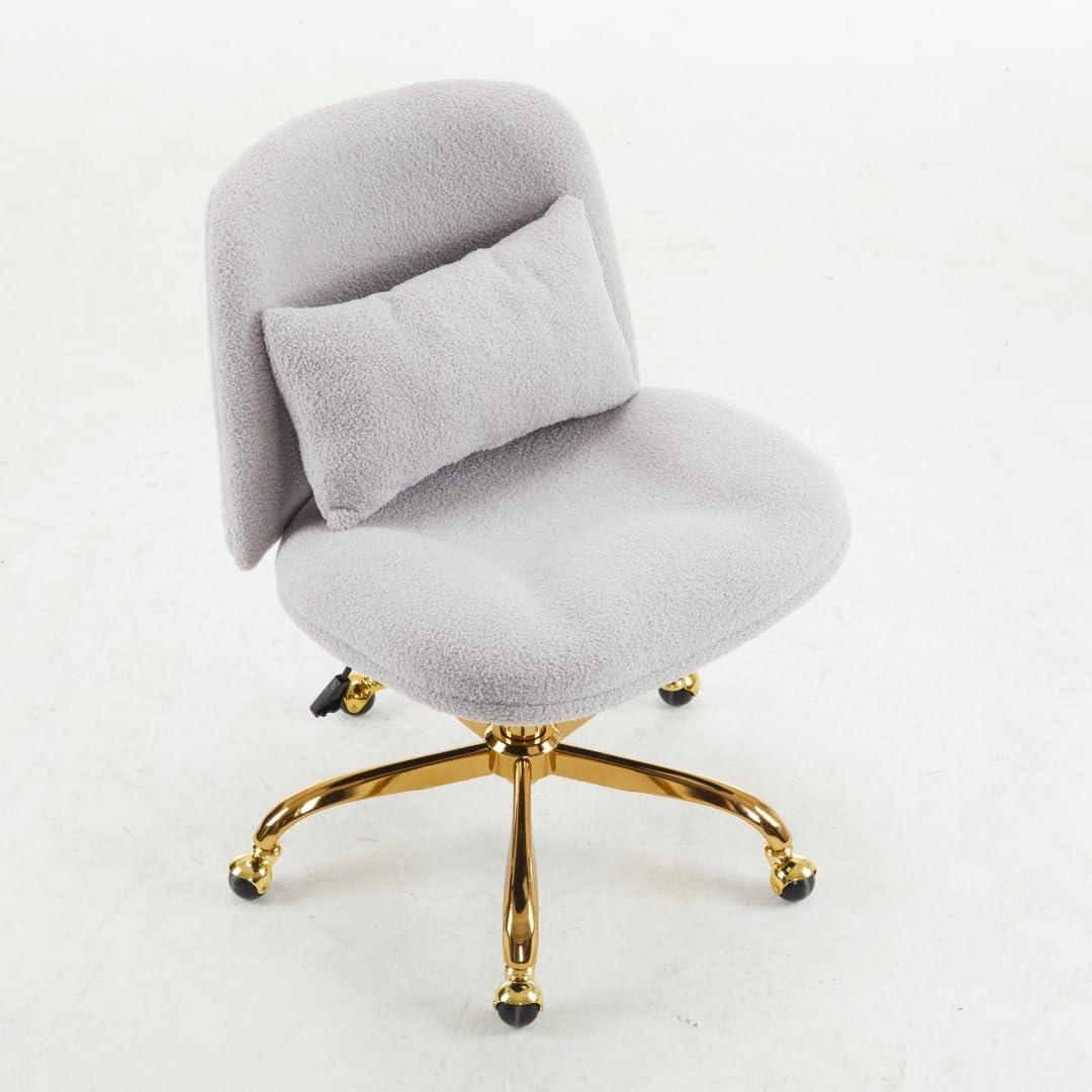 Bonnlo Armless Office Chair, Armless Desk Chair, Dressing Table Chair with Lumbar Cushion, Height Adjustable, Wide Desk Chair, Ideal for Home Office, Teddy Fabric (Grey)