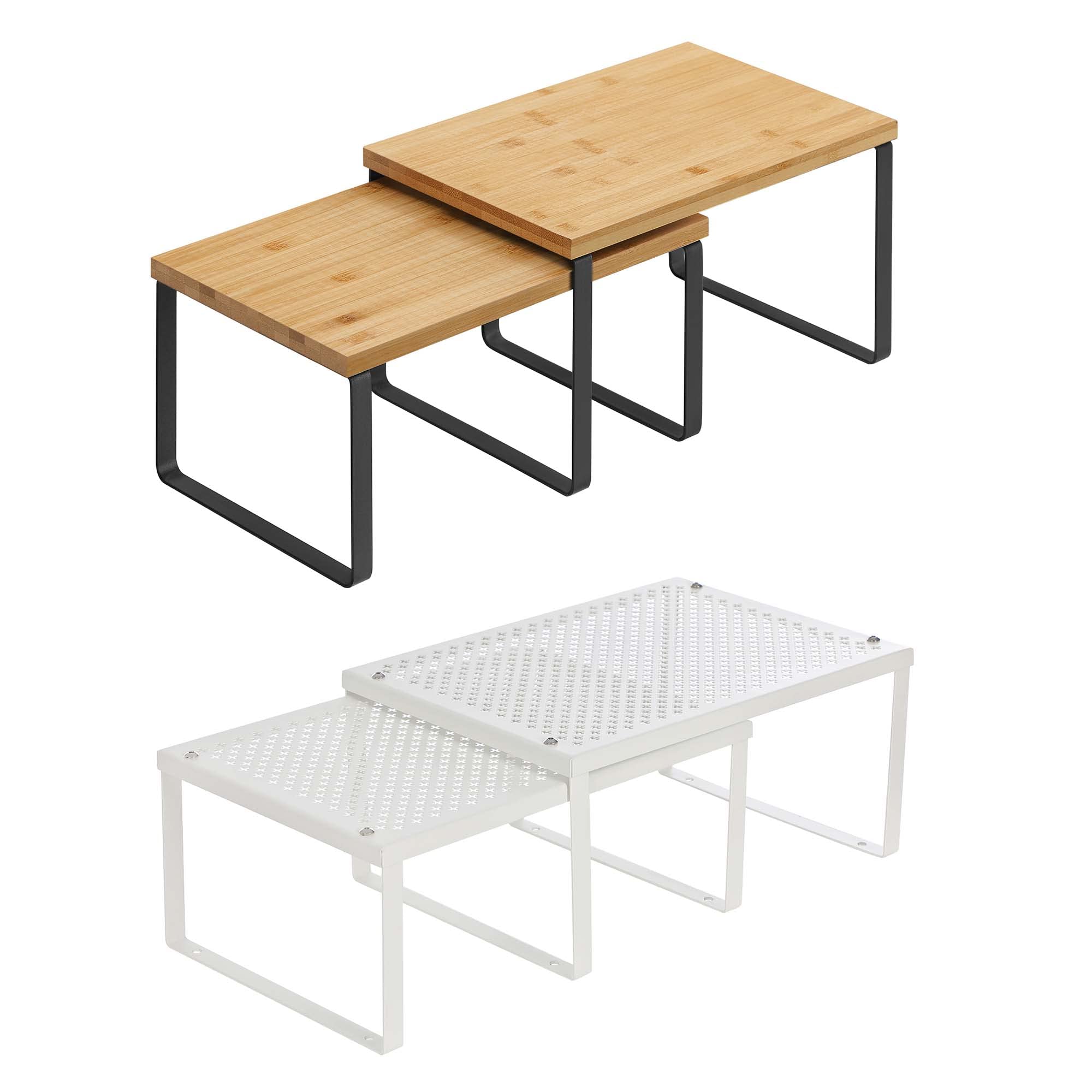 SONGMICS Kitchen Cabinet Shelves and Counter Organizer Bundle, 4 Stackable Kitchen Cabinet Shelves, Metal and Bamboo, Black, Natural, and White UKCS02NB and UKCS01WT