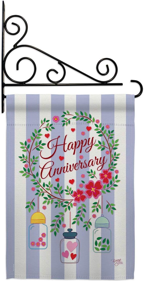 Happy Anniversary Garden Flag Set Wall Holder Celebration Couple Married Wedding Occasion Party Valentines Small Decorative Gift Yard House Banner Made In USA 13 X 18.5