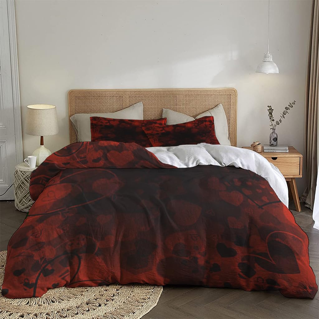 NIBAINLO 布団カバー赤いハート 肌に優しい ピーチスキン加工 掛け布団カバー 和式 洋式 あったか 布団カバーセット リバーシブル ホームステイ ホテル 家庭兼用